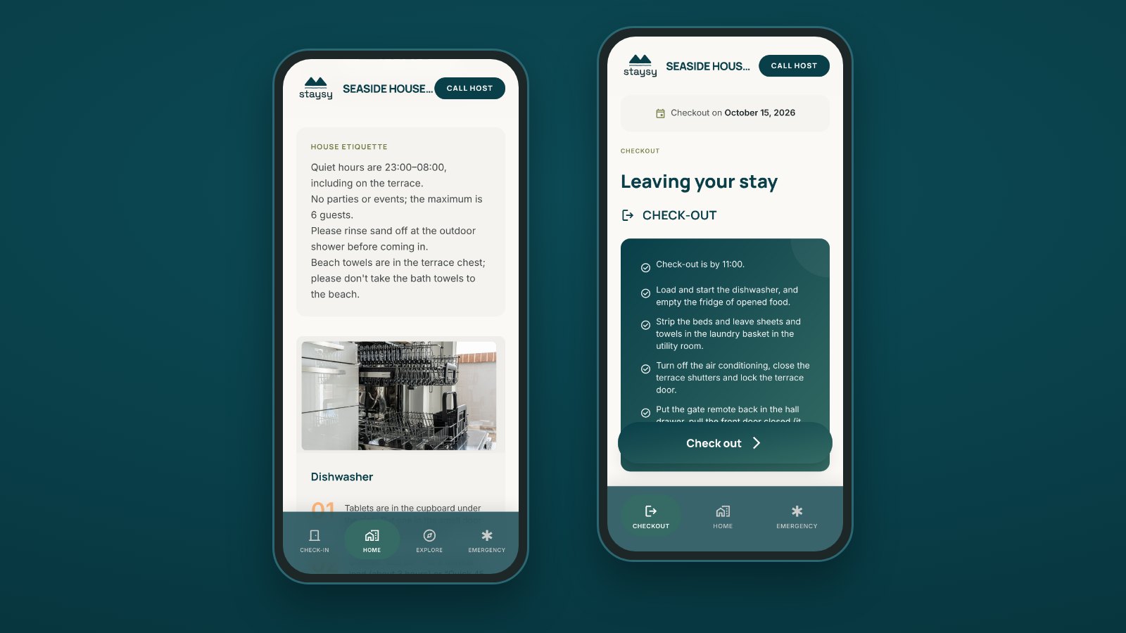 Airbnb house rules on a phone, showing quiet hours and checkout steps