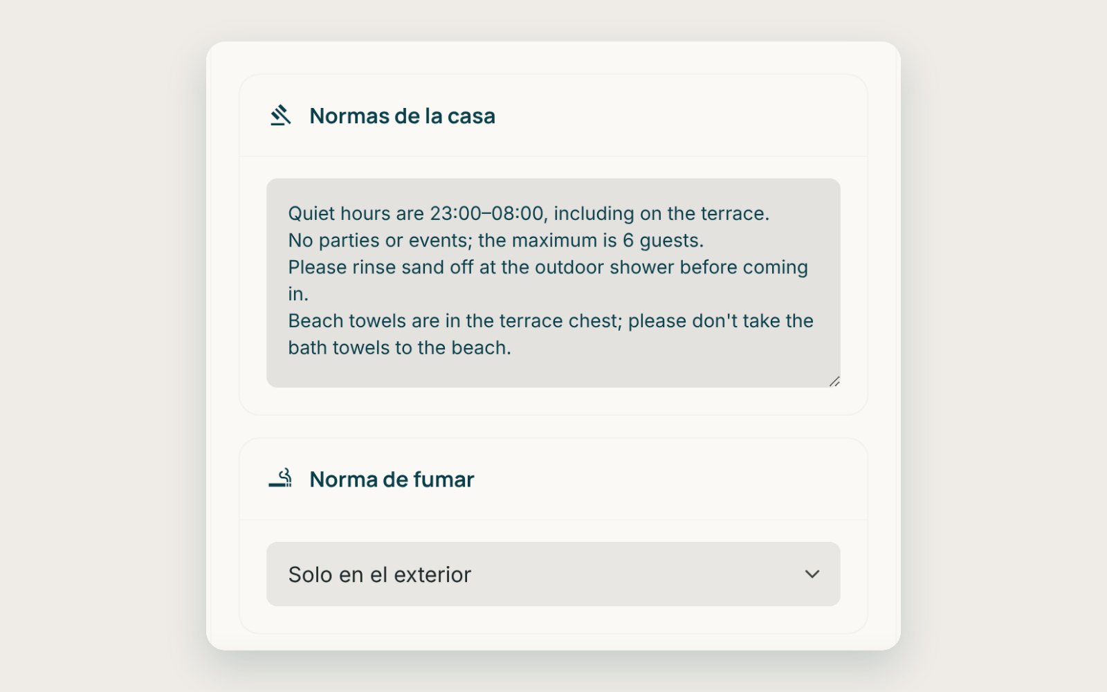 El editor de normas de la casa de Staysy: las normas con las horas de silencio y el límite de huéspedes, y la norma de fumar fijada en solo en el exterior
