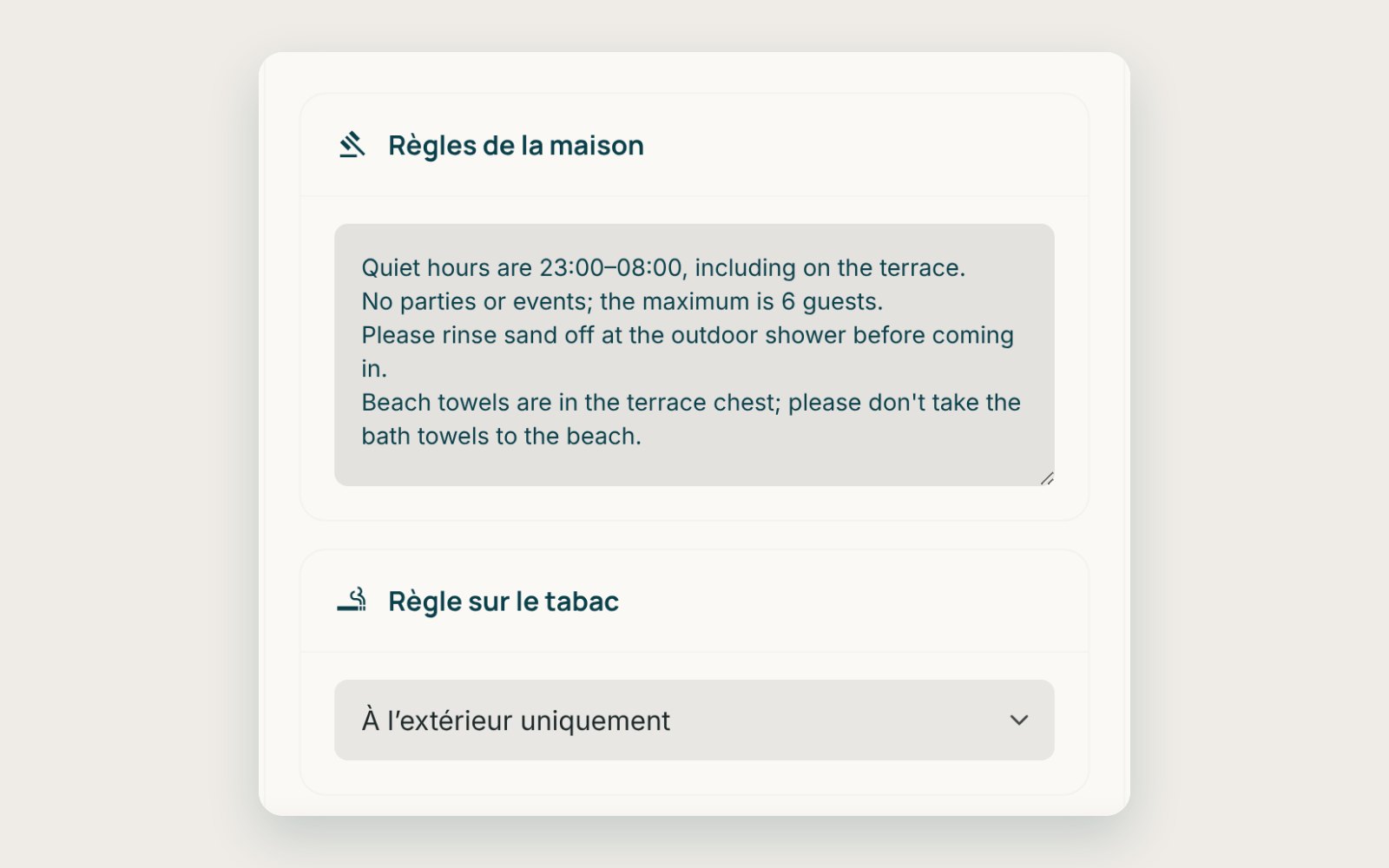 L'éditeur de règlement intérieur de Staysy : les règles avec les heures de calme et le nombre maximum de voyageurs, et la règle tabac réglée sur extérieur uniquement