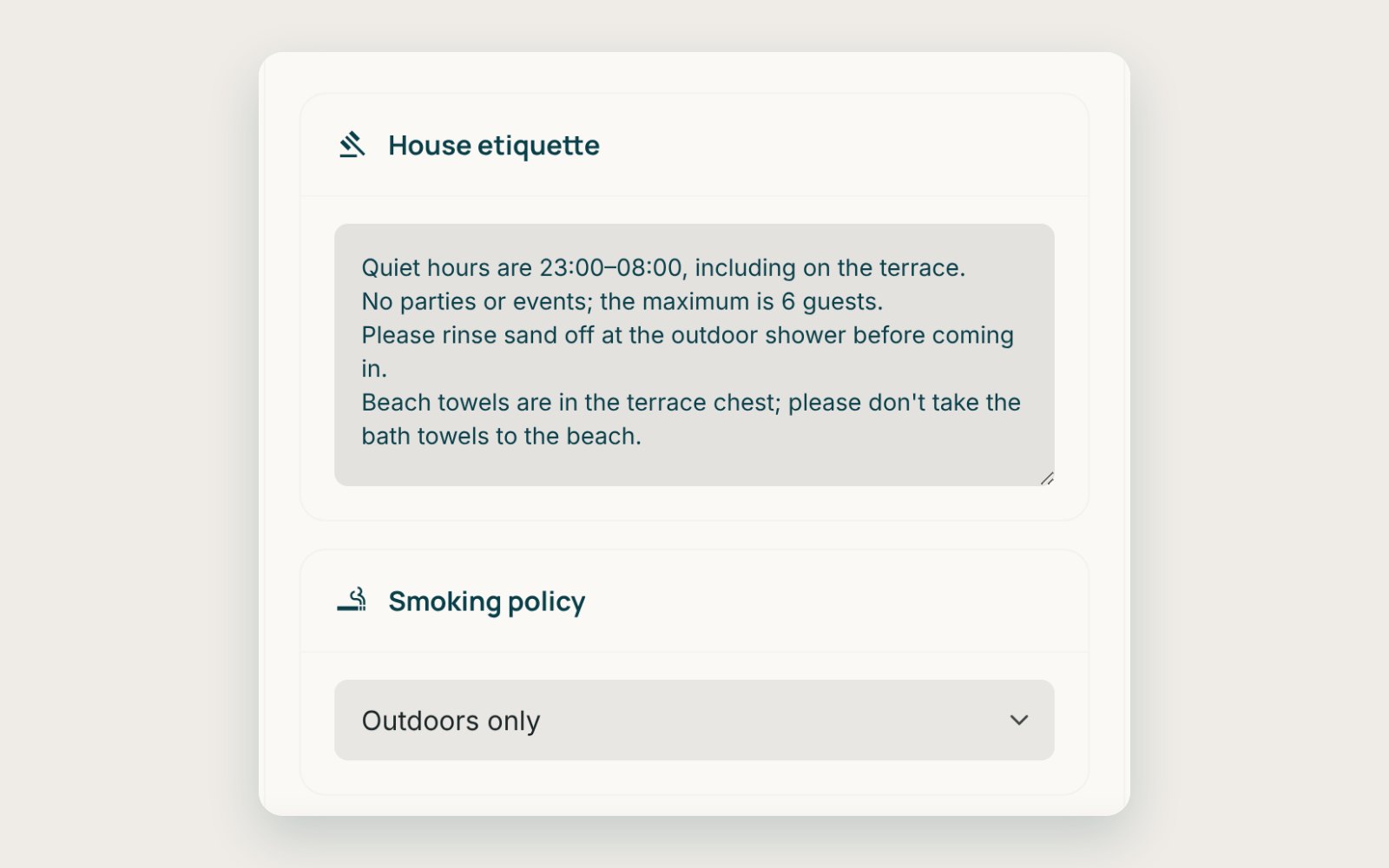 Staysy's house rules editor: house etiquette with quiet hours and a guest limit, and the smoking policy set to outdoors only
