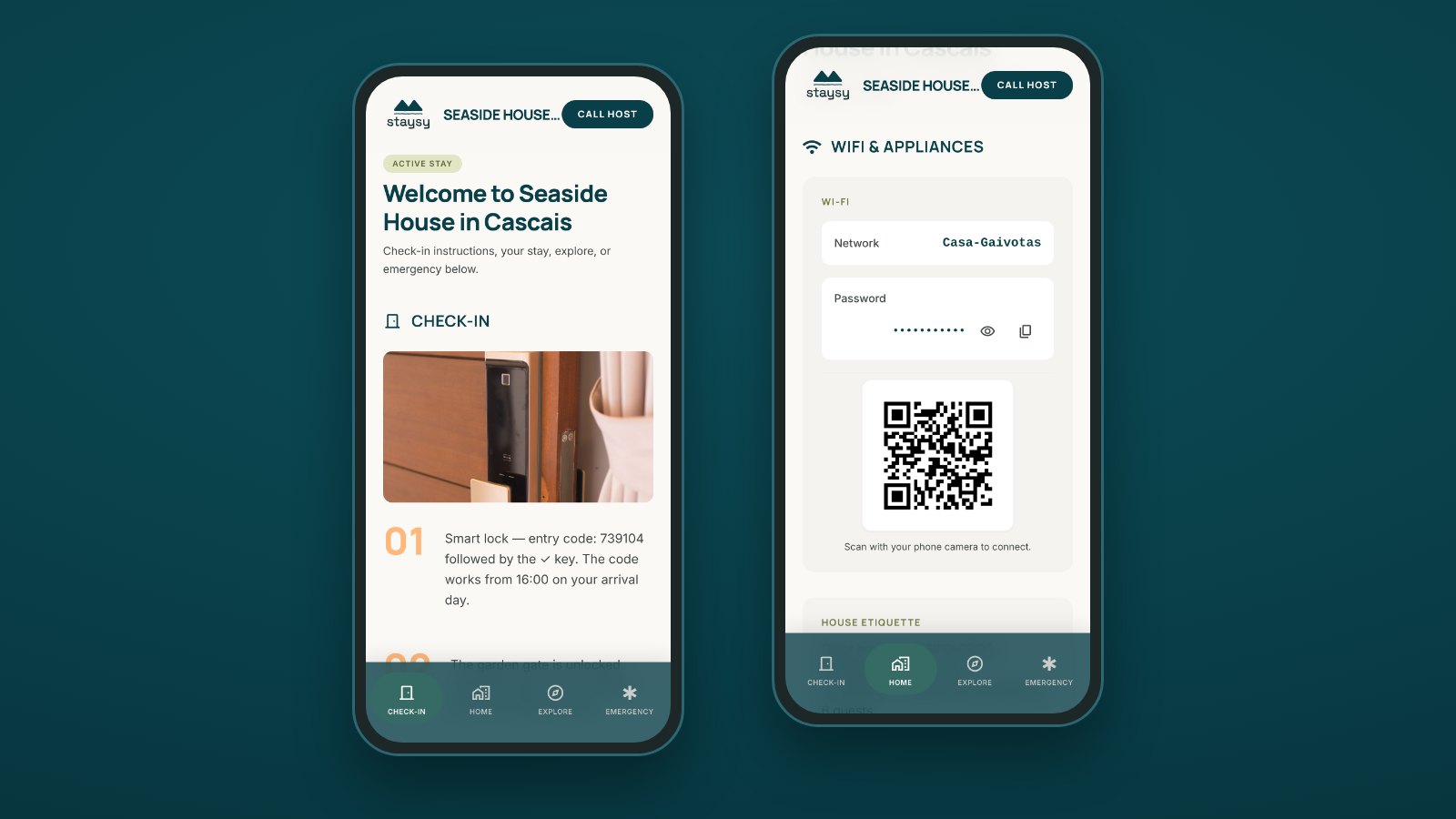 Airbnb welcome book example on a phone, showing WiFi and check-in sections