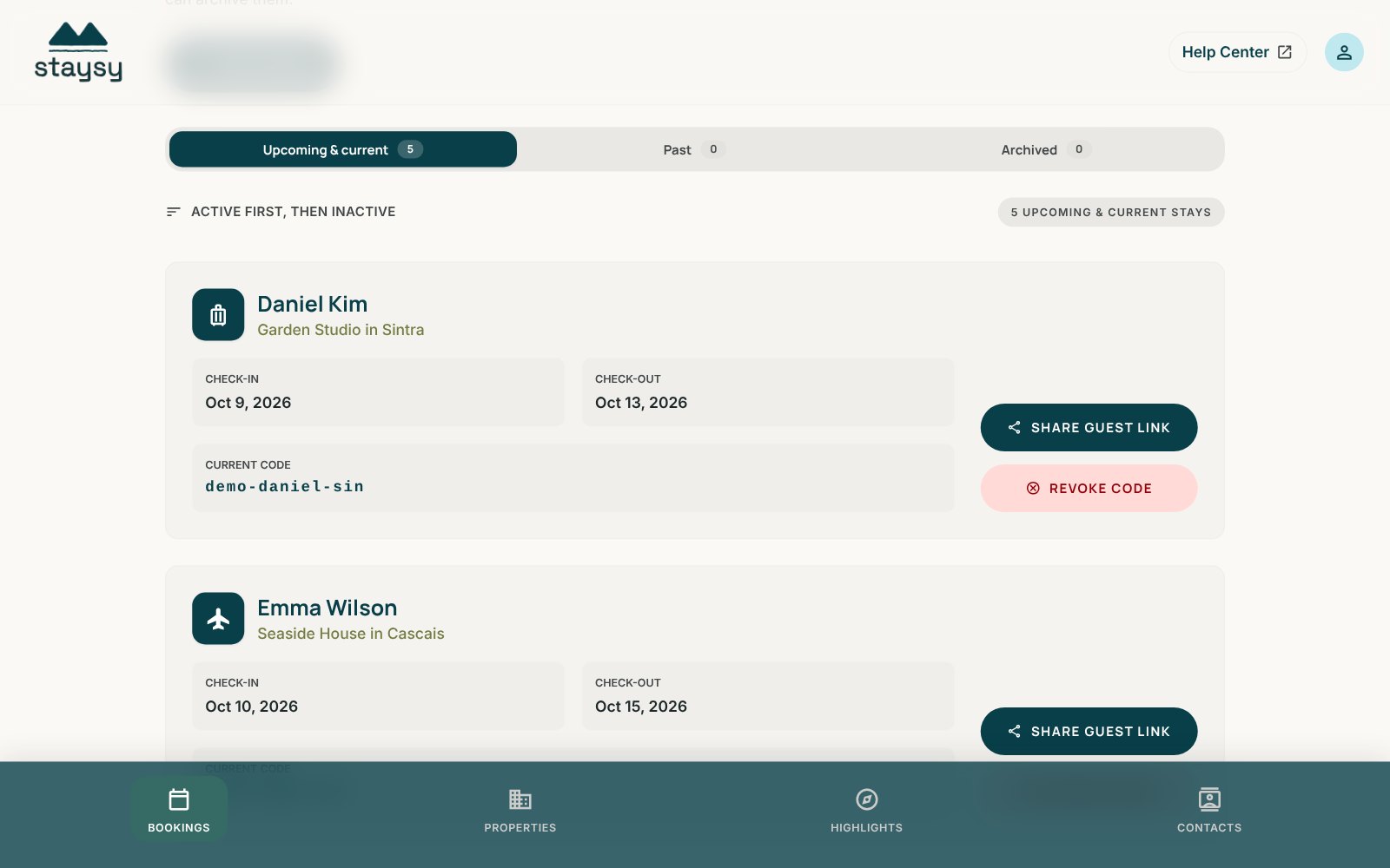 The Staysy host dashboard listing each booking with its dates, its own access code and a Share guest link button